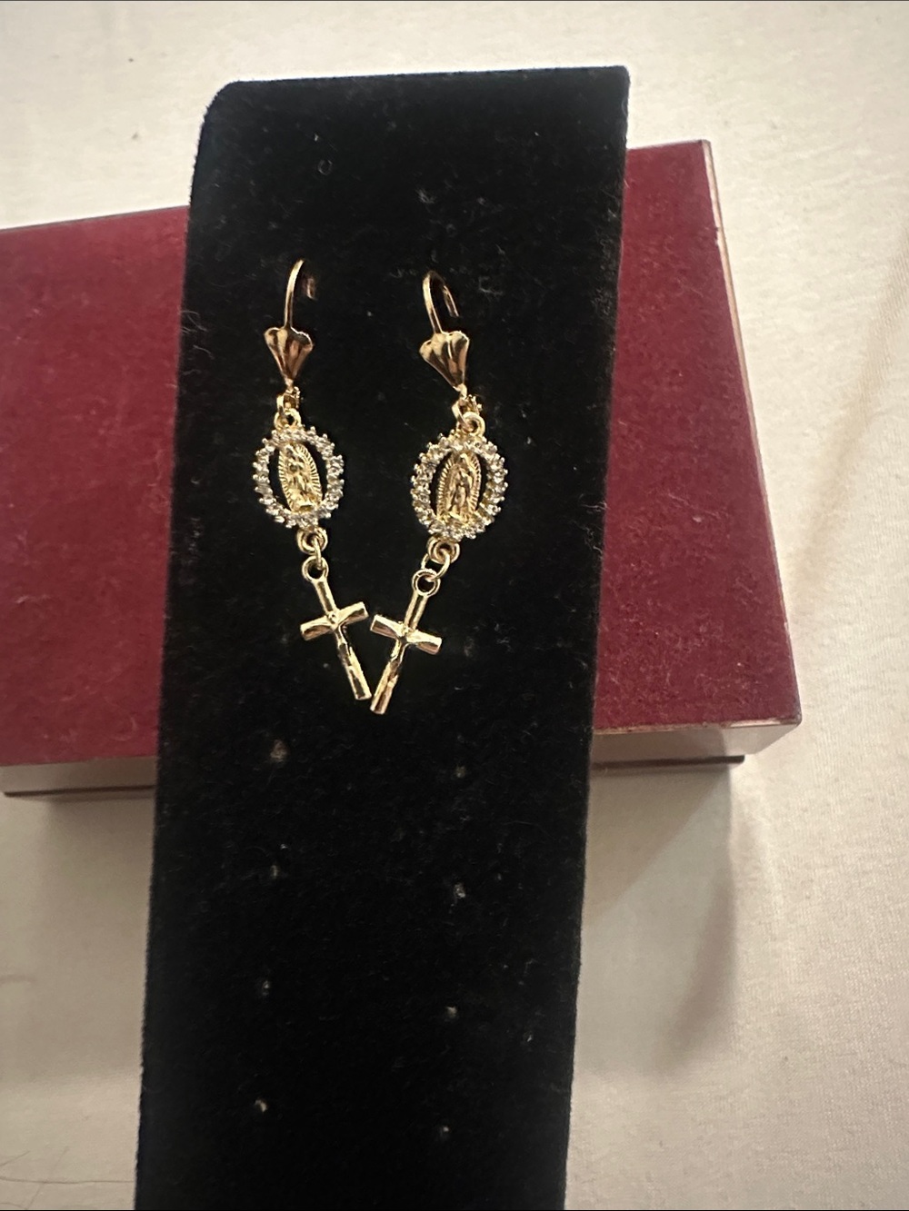 Gold Miraculous Medal and Cross Drop Earrings
